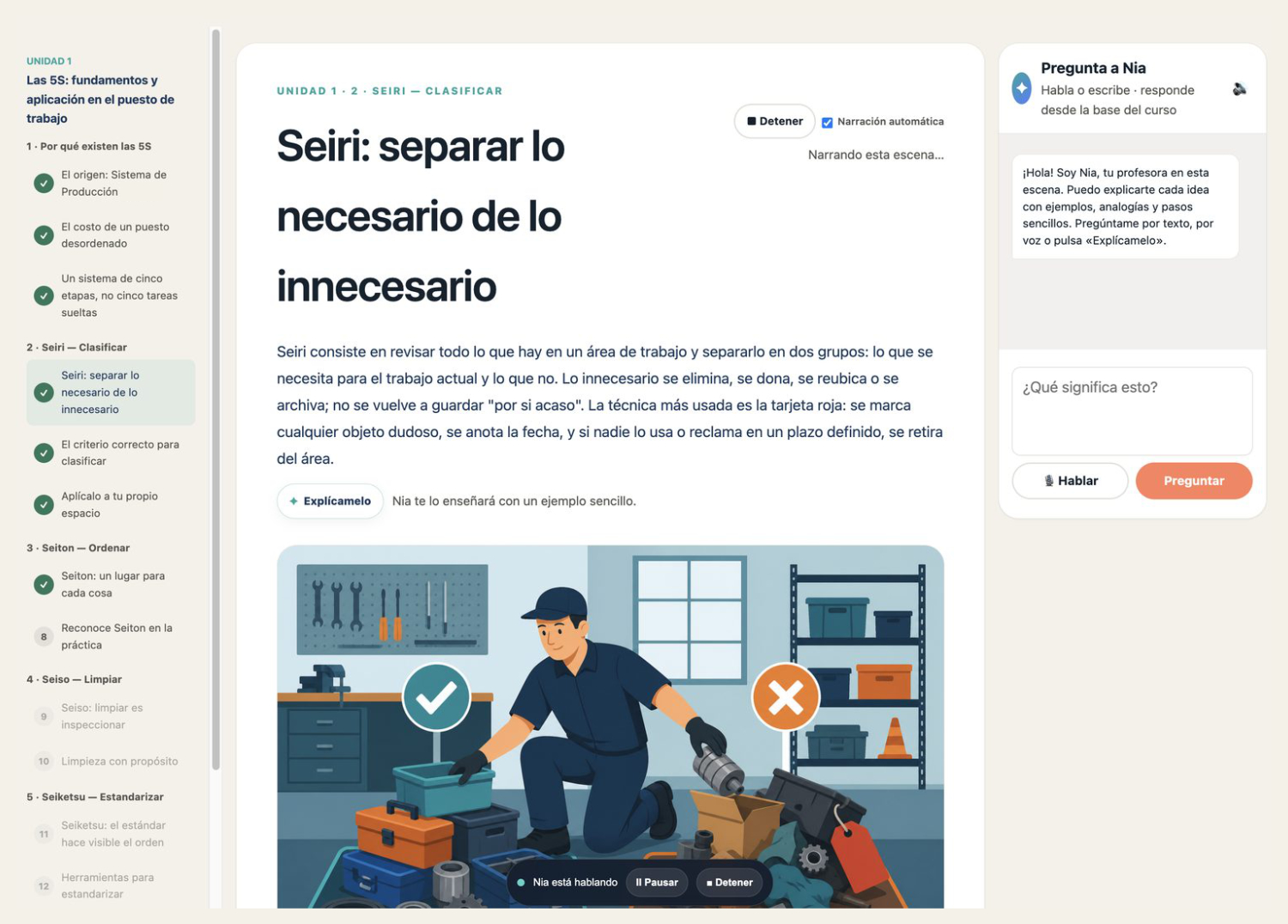Curso de las 5S en la plataforma: temario con avance a la izquierda, la lección narrada al centro y un panel para preguntarle a la profesora con IA.